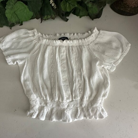 Womens White Off-Shoulder Smocked Crop Top Size M Ambiance Lightweight Cotton Bl - Picture 1 of 5